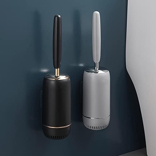 YIORYO Toilet Brush with Long Handle and Holder Set - Gray and Gold Design