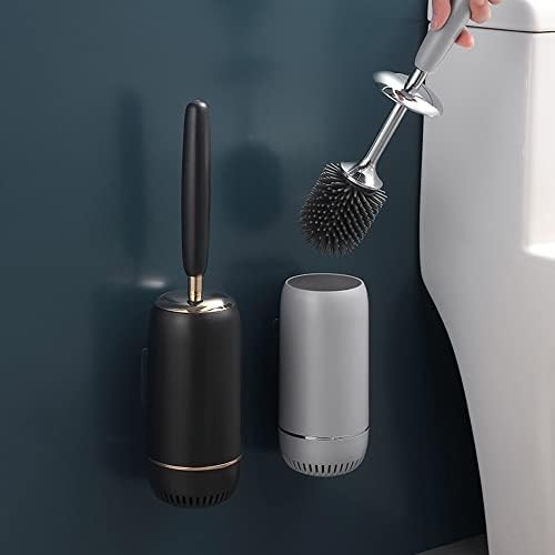YIORYO Toilet Brush with Long Handle and Holder Set - Gray and Gold Design