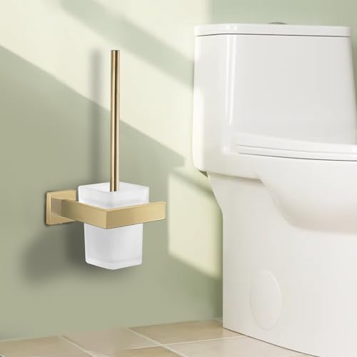 TINYROW Glass Toilet Brush with Holder Wall Mounted Brushed Gold