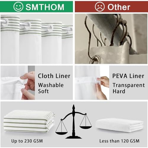 SMTHOM Sage Green Boho Striped Shower Curtain Set