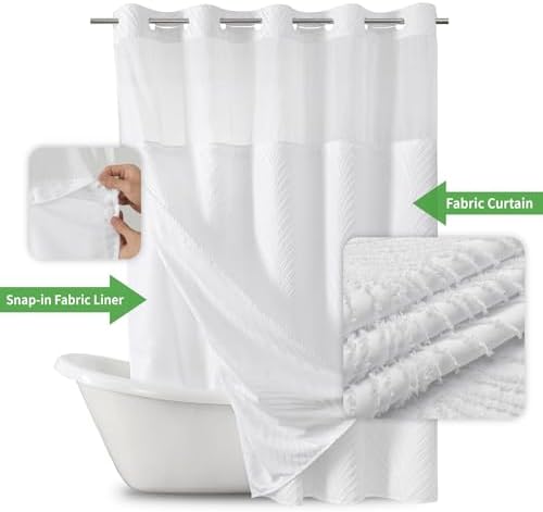 Boho No Hook Shower Curtain Set with White Tufted Stripes and Waterproof Liner