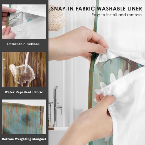 Nesphy Farmhouse Shower Curtain Set with Snap Liner White Daisy Butterfly Design
