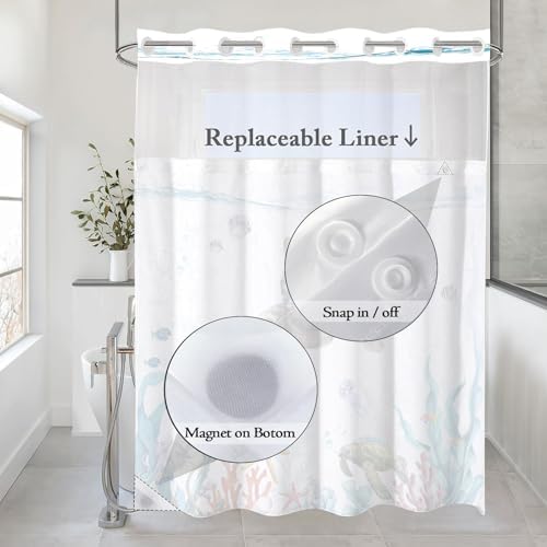 Fowocu Funny Cat Nautical Shower Curtain Set Teal Blue Ocean