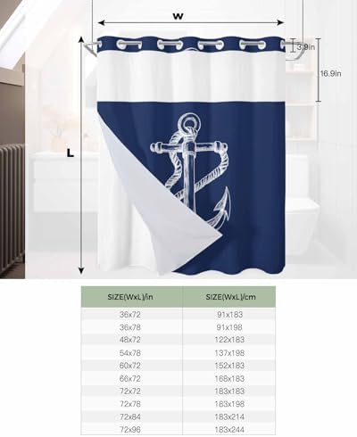No Hooks Shower Curtain Set with Liner 72x72 Marine Theme