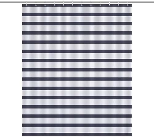 Navy Blue Summer Stripes Shower Curtain Set with 12 Hooks 60x72inch