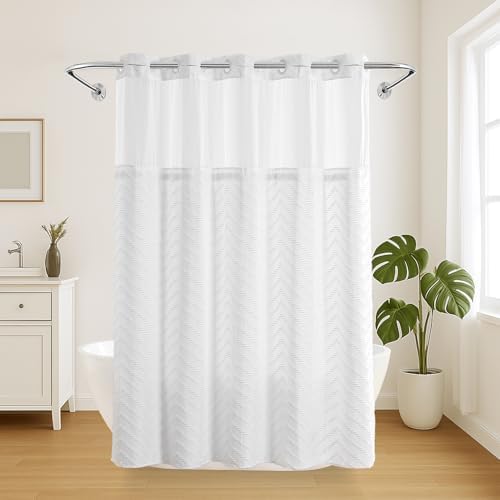 Nesphy Hookless Boho Shower Curtain Set White Textured Chevron Striped