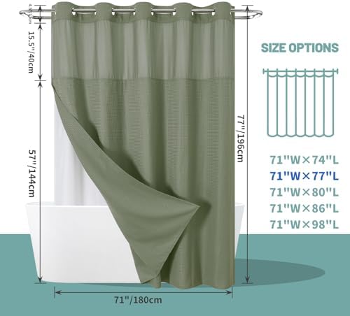 SageGreen Waffle Weave No Hook Shower Curtain Set with Snap-In Liner