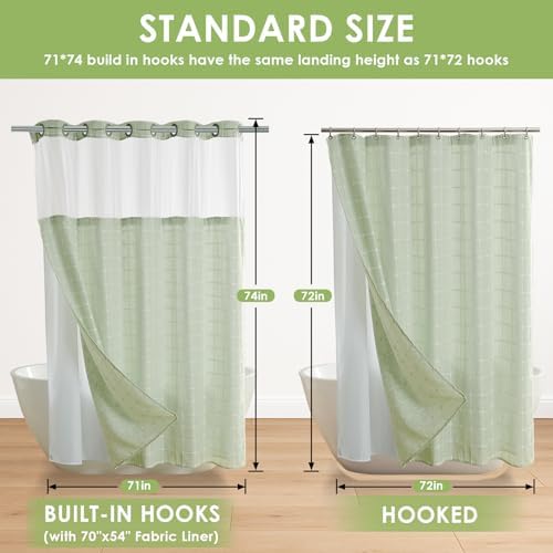 Nesphy Boho Farmhouse Shower Curtain Set Green Linen with Mesh Top