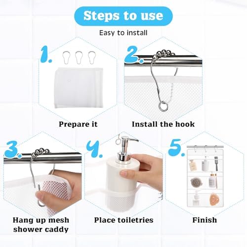 2 Pack 7 Pockets Mesh Shower Caddy with Metal Hangers - White