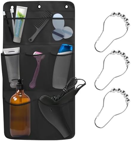 Hanging Shower Caddy with 8 Pockets and 3 Hooks Black