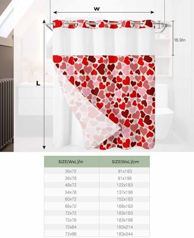 No Hook Shower Curtain with Snap Liner Set 72x78 Red Pink Heart Design