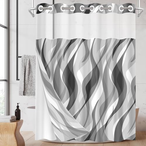 Nesphy No Hook Grey Shower Curtain Set with Clear Top Window 1