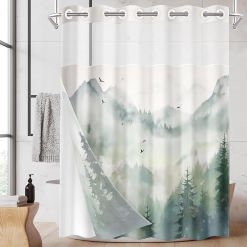 Nesphy No Hook Landscape Forest Shower Curtain Set