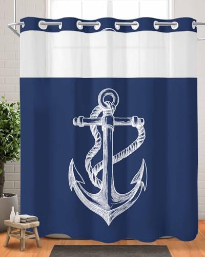 No Hooks Shower Curtain Set with Liner 72x72 Marine Theme