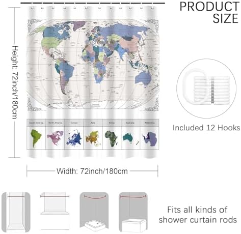 iTapnoom World Map Shower Curtain with 12 Hooks