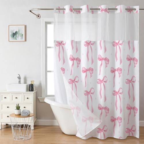No Hook Pink Bow Shower Curtain with Liner Set