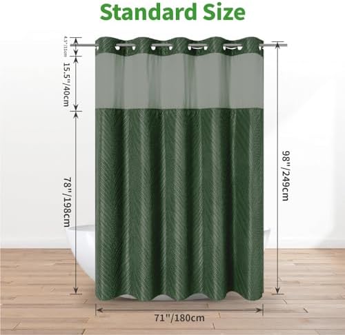 No Hook Dark Green Boho Shower Curtain Set with Snap Liner