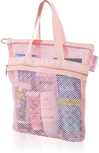 BEAHING Mesh Shower Caddy with Zipper 2 Pockets Pink
