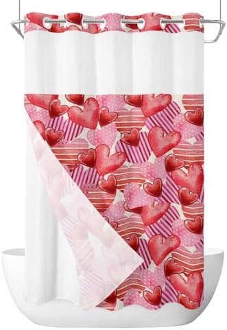 PIEPLE No Hook Shower Curtain Set with Snap Liner - Pink Red Heart Design