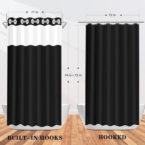 Nesphy No Hook Black Shower Curtain with Snap-in PEVA Liner Set