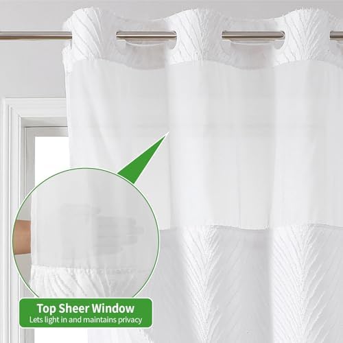 Boho No Hook Shower Curtain Set with White Tufted Stripes and Waterproof Liner