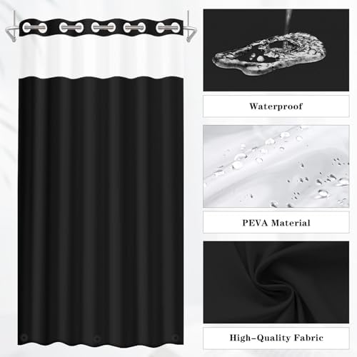 Nesphy No Hook Black Shower Curtain with Snap-in PEVA Liner Set