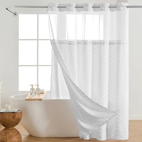 Nesphy Hookless Boho Shower Curtain Set White Textured Chevron Striped