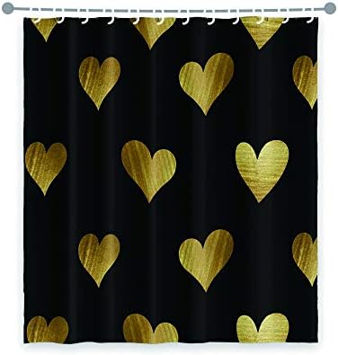 OERJU 65x72inch Golden Heart-Shaped Shower Curtain with Twinkling Patterns and Hooks