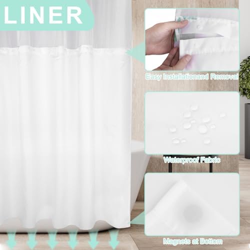 No Hook Shower Curtain Set with Snap-In Liner Double Whales 71x74 Inch