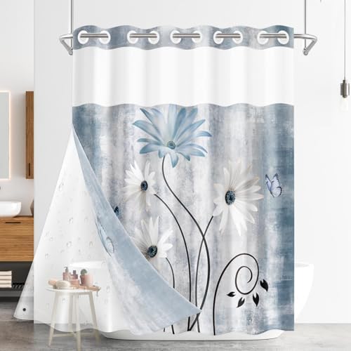 Nesphy Rustic Farmhouse Shower Curtain with PEVA Liner Set Blue Daisy Butterfly Style