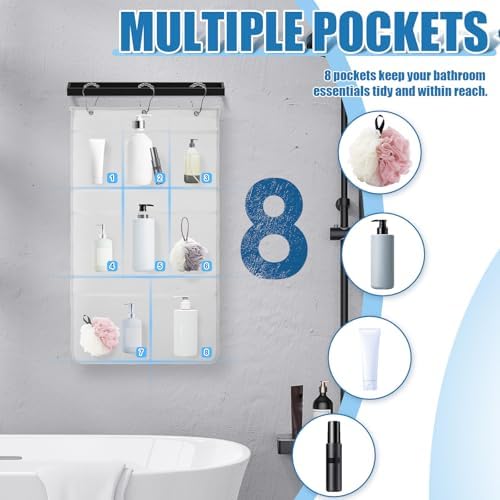 Mesh Shower Organizer Caddy with 8 Pockets and Rotating Hanger