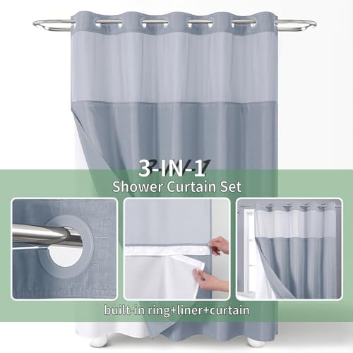 Blue Slub Textured Shower Curtain Set with Snap-in Liner