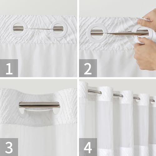Boho No Hook Shower Curtain Set with White Tufted Stripes and Waterproof Liner