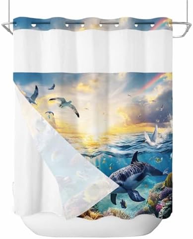 No Hooks Shower Curtain Set 72x72 with Dolphins Liner 1