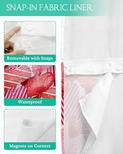 PIEPLE No Hook Shower Curtain Set with Snap Liner - Pink Red Heart Design
