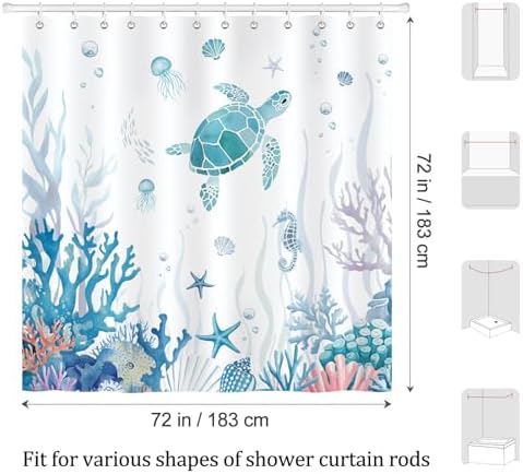 Sea Turtle Shower Curtain with 12 Hooks 72x72 Inches