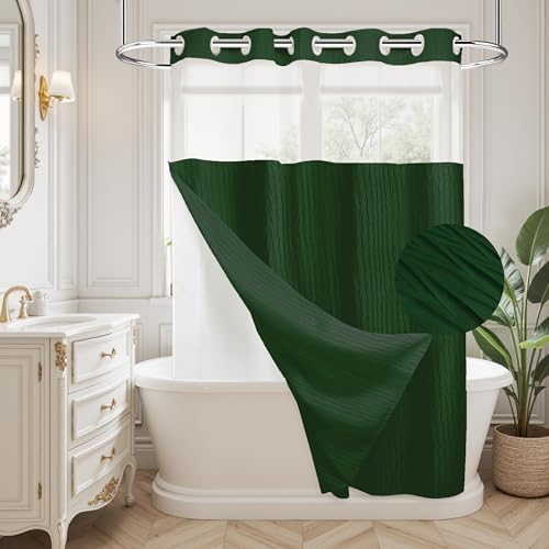 Dark Green Crumpled Texture Shower Curtain Set with Snap-in Liner