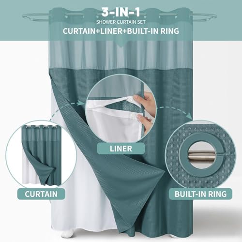 Eachope SeawedGreen Waffle Weave Shower Curtain Set