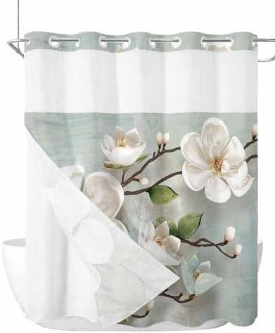 Smile Sunflower Flower Shower Curtain Set 72x72in White Magnolia with Snap Liner