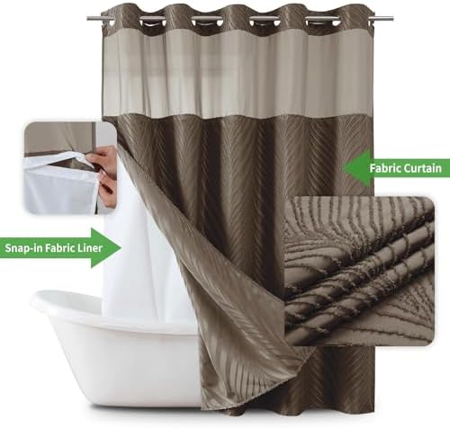 No Hook Boho Shower Curtain Set with Tufted Stripes and Snap Liner