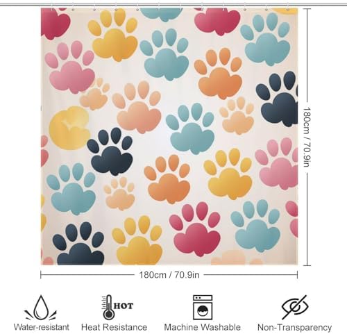 Animal Paw Prints Shower Curtain Set 72x72in Red Blue Yellow Black