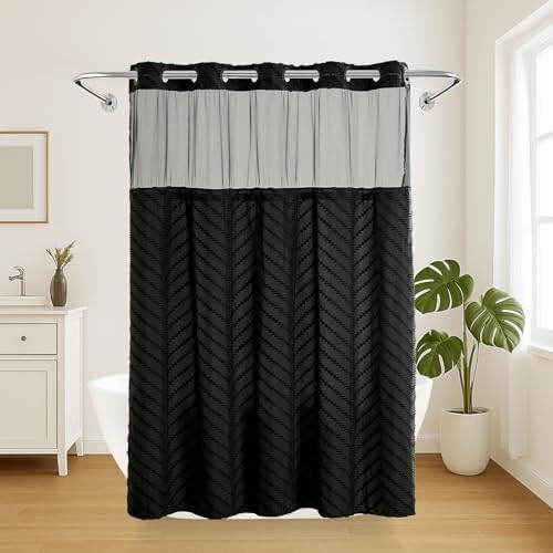 Nesphy Hookless Boho Shower Curtain Set Black Chevron Textured Double Layers Waterproof Liner