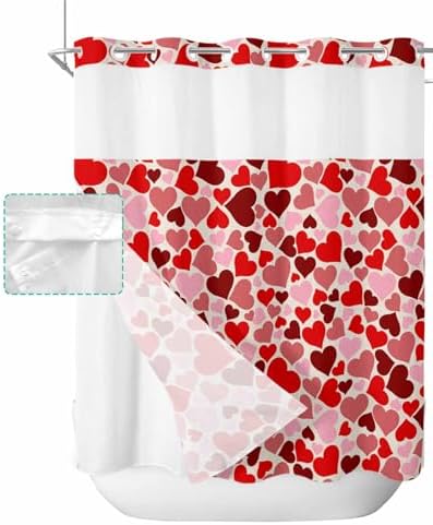 No Hook Shower Curtain with Snap Liner Set 72x78 Red Pink Heart Design