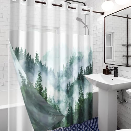 Nesphy Ombre Sage Green Shower Curtain Set with PEVA Liner and Transparent Window
