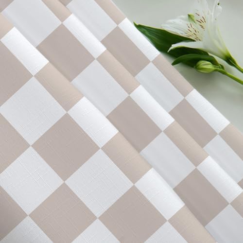Tititex Aesthetic Checkerboard Faux Linen Shower Curtain 71x71 Inch with 12 Hooks