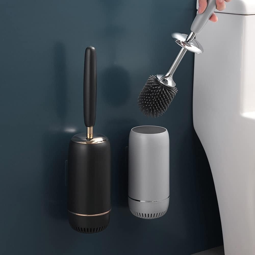 YIORYO Toilet Brush with Long Handle and Holder Set - Gray and Gold Design