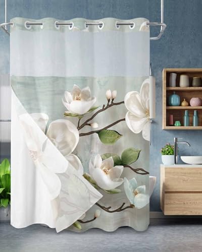 Smile Sunflower Flower Shower Curtain Set 72x72in White Magnolia with Snap Liner