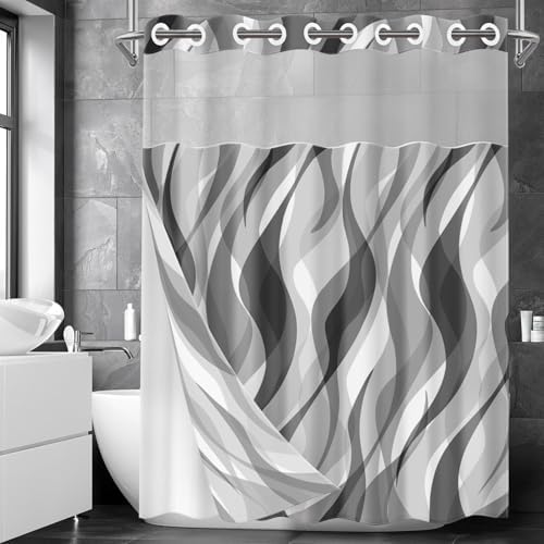 Nesphy No Hook Grey Shower Curtain Set with Clear Top Window 1