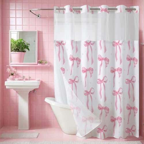 No Hook Pink Bow Shower Curtain with Liner Set