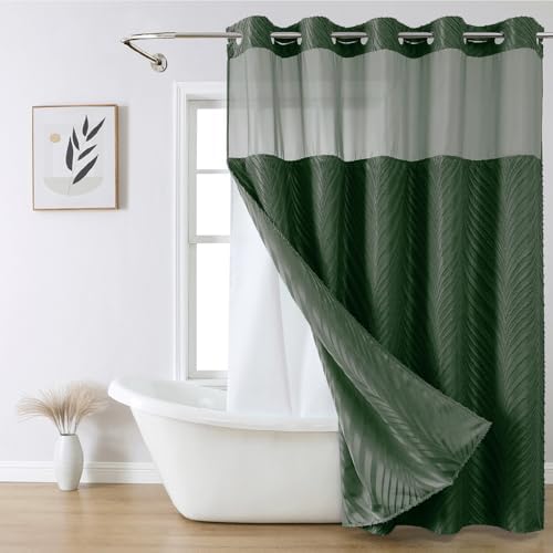 No Hook Dark Green Boho Shower Curtain Set with Snap Liner